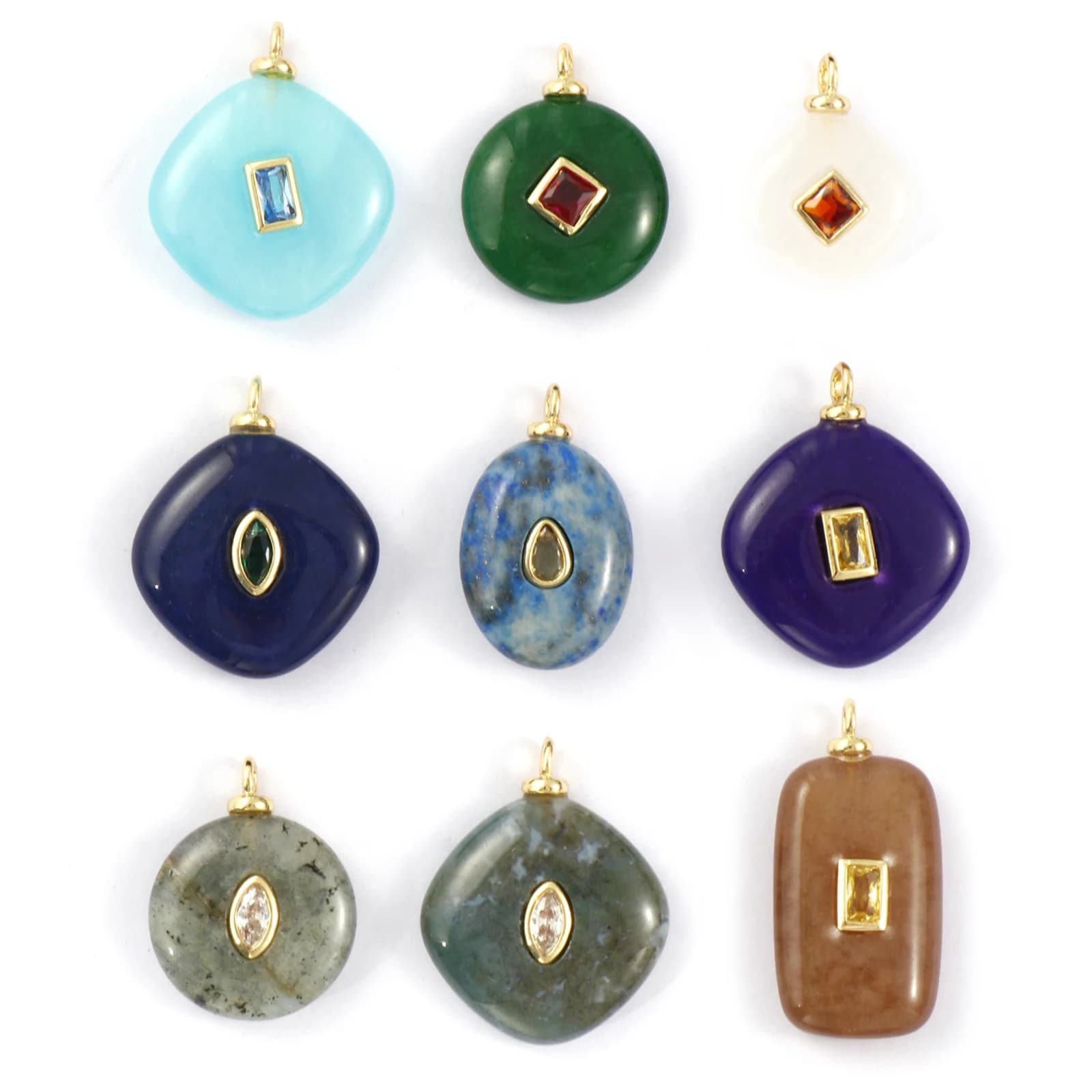 1 pezzo di ciondoli in ottone con pietra naturale, ciondoli geometrici con zirconi cubici, ciondolo placcato oro 18 carati, collana fai da te, creazione di gioielli