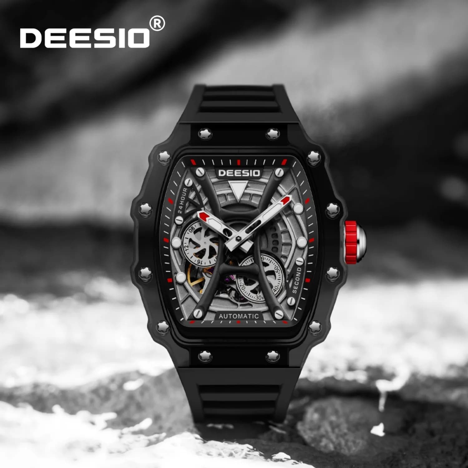 Deesio Cassa trasparente a forma di botte di vino, orologio meccanico completamente automatico Cinturino per orologio durevole Orologio da uomo alla moda e alla moda