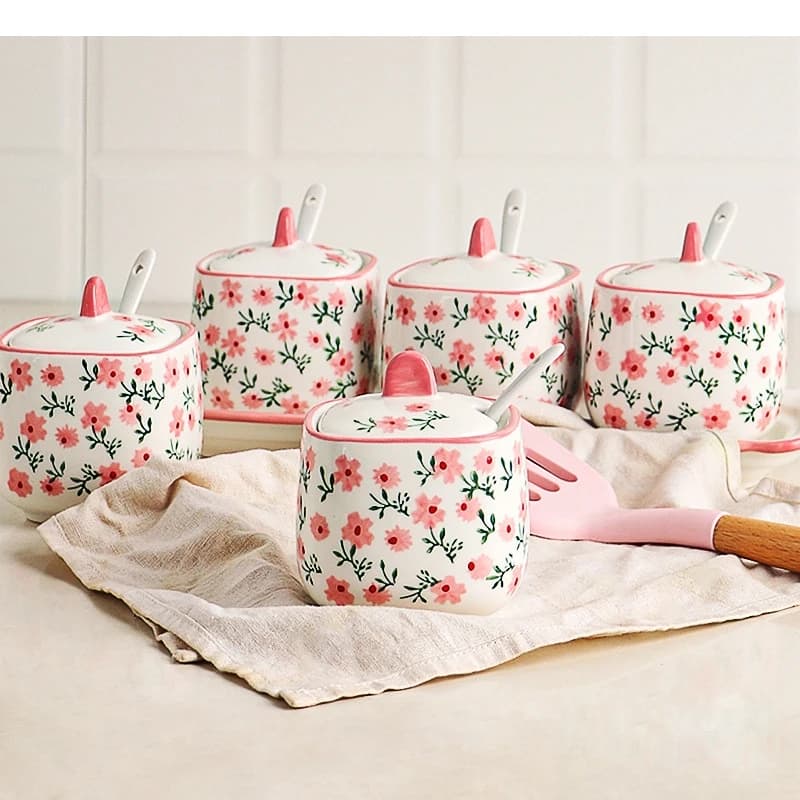 Ceramic Seasoning Jar Set Spice Organizer Nordic Home Kitchen Salt and Pepper Storage with Lid Condiment Dispenser