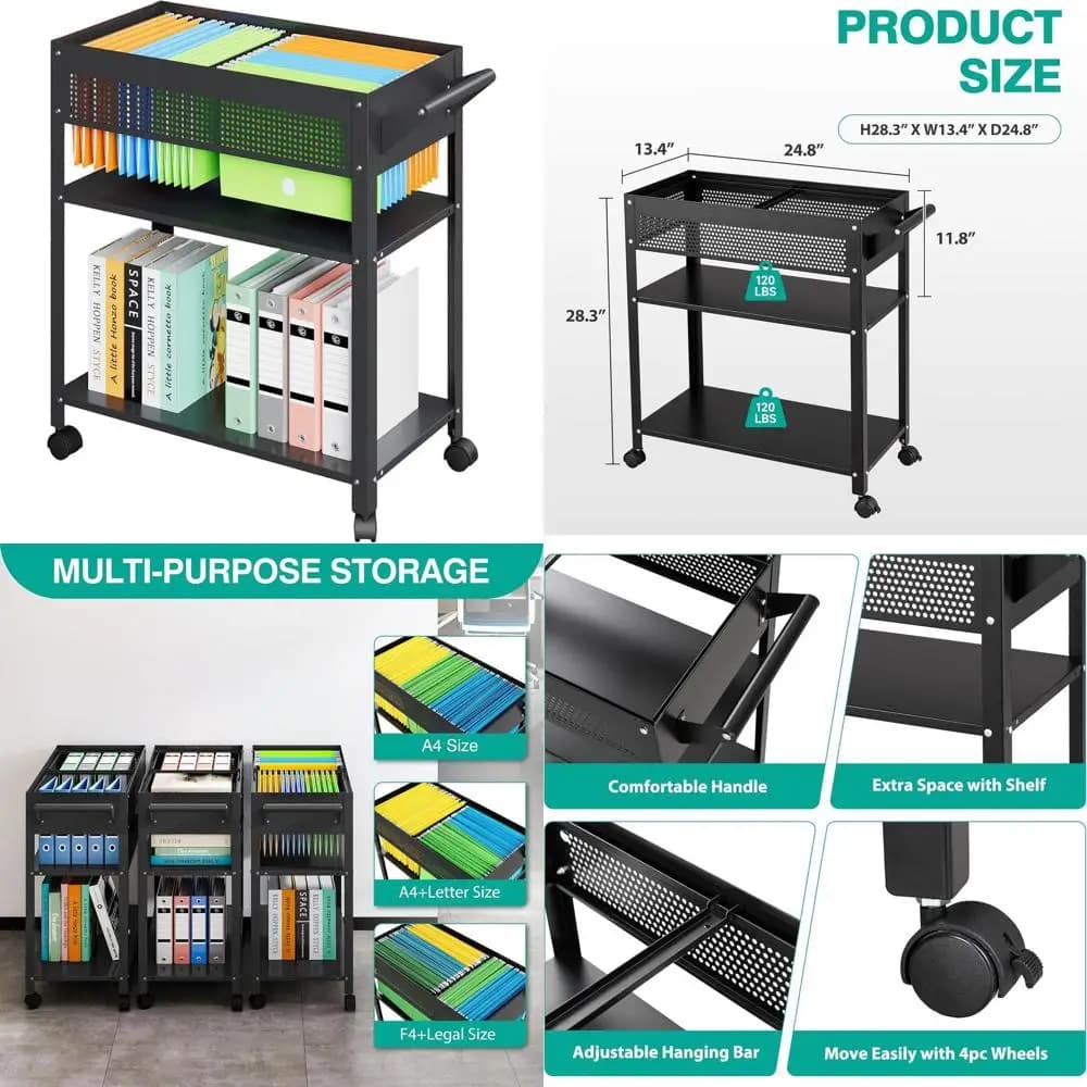 Carrello Portadocumenti Regolabile in Rete con Scomparti per Cartelle Formato A4/Letter/Legal - Soluzione di Archiviazione per Ufficio