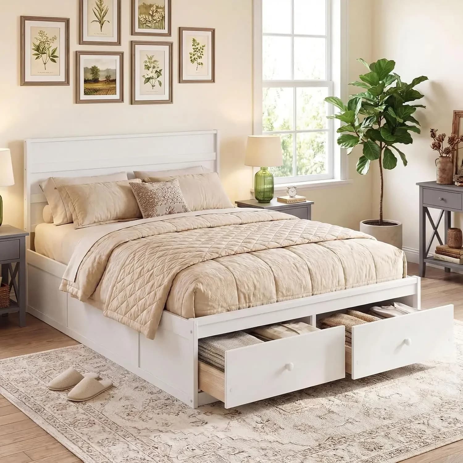 Full Size Bed Frame with Storage Drawers, Wood Platform Bed with Headboard, Solid Mattress Foundation w/Wooden Slat Support
