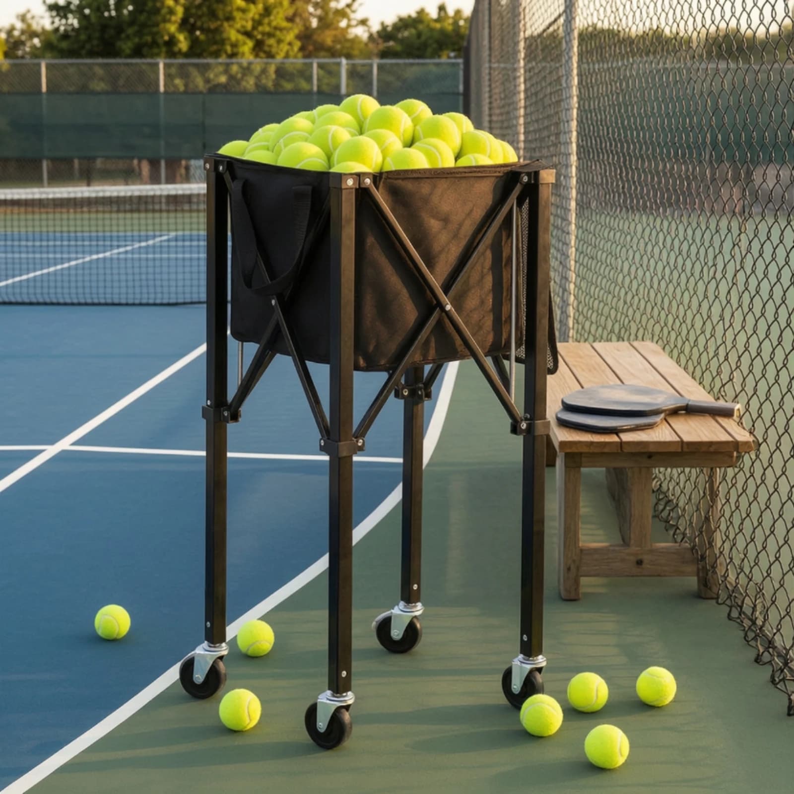 Foldable Ball Cart with Side Pocket Portable Ball Collection Cart Sports Equipment Sturdy Heavy-Duty for Coaches, Tennis Court