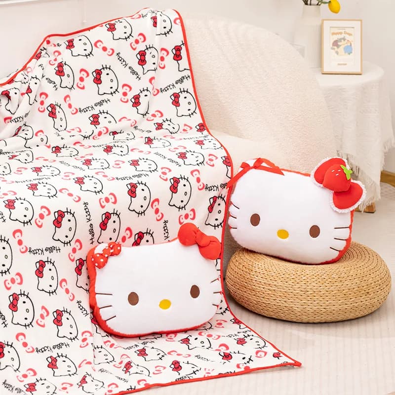 Cuscino e coperta in velluto corallo di cartone animato Anime Hello Kitty, coperta per auto Kawaii, coperta per divano spessa e carina, regalo per le vacanze
