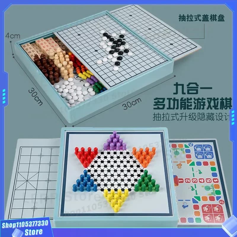 9 in 1 Wooden Board Game Set Chess Checkers Backgammon Flying Chess Chinese Xiangqi Educational Interactive Toy Gift for Kids
