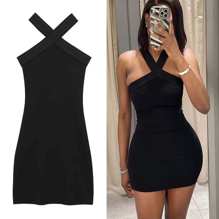 HXAO Abito da donna con scollo all'americana nero Mini abiti corti senza maniche Donna con spalle scoperte Aderente Abito da festa sexy Abiti Estate 2025