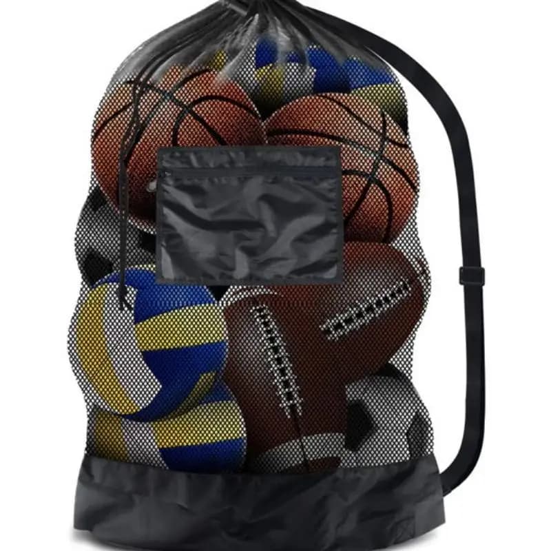 1Pcs Mesh Drawstring Sports Storage Bag Extra Large Net With Zipper Pocket Hold Soccer Basketball Volleyball Gym Accessory