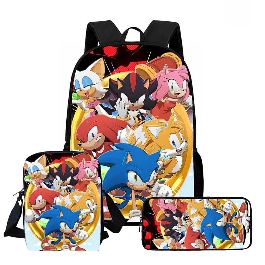 3pcs Set Cartoon Soo-nn-ic Backpack, Includes Crossbody Bag Plus A Pencil Case, Unisex, Suitable For Boys And Girls Aged 5-10.