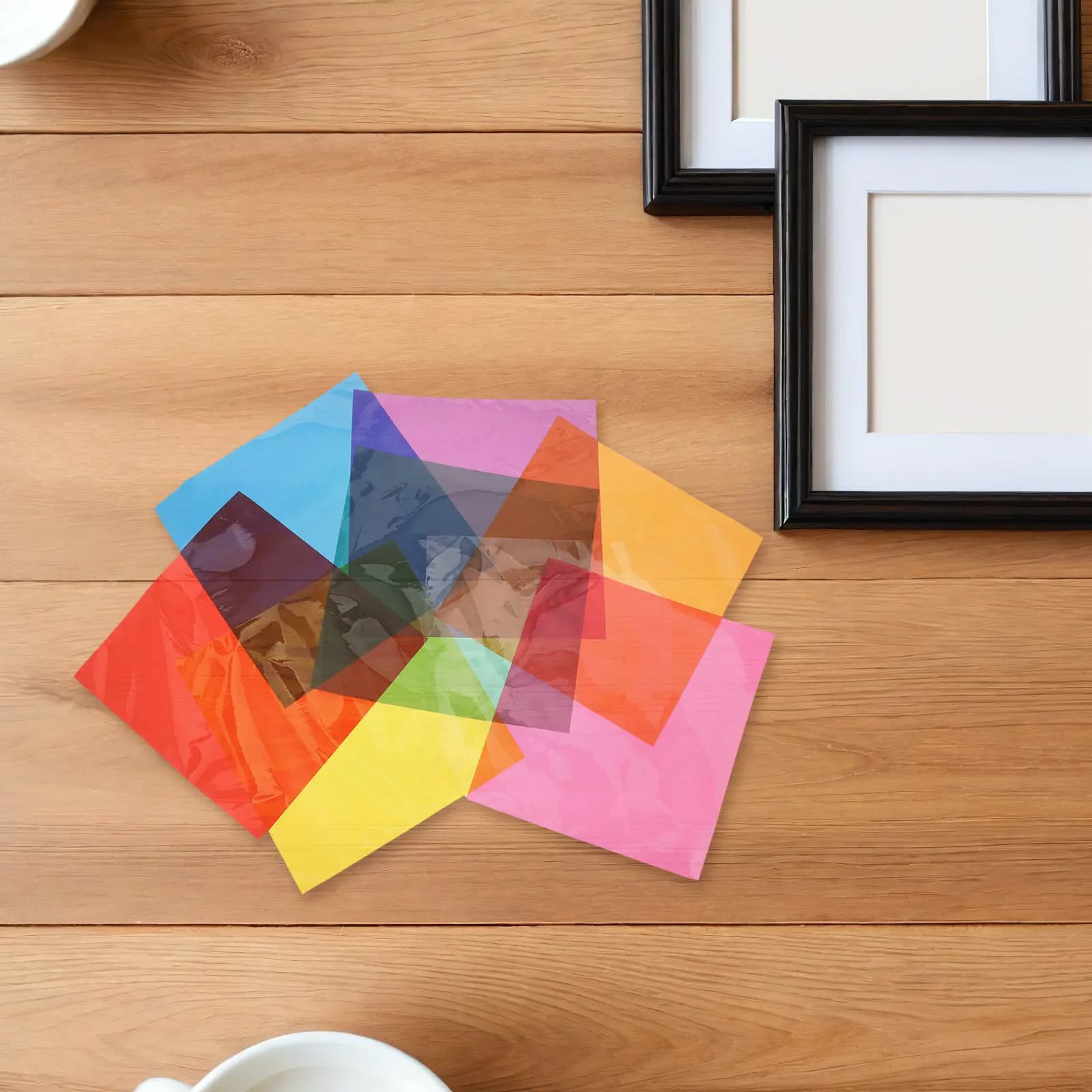 90 colored cellophane sheets for crafts, transparent multicoloured squares that spread the light, ideal for packing artistic decorations