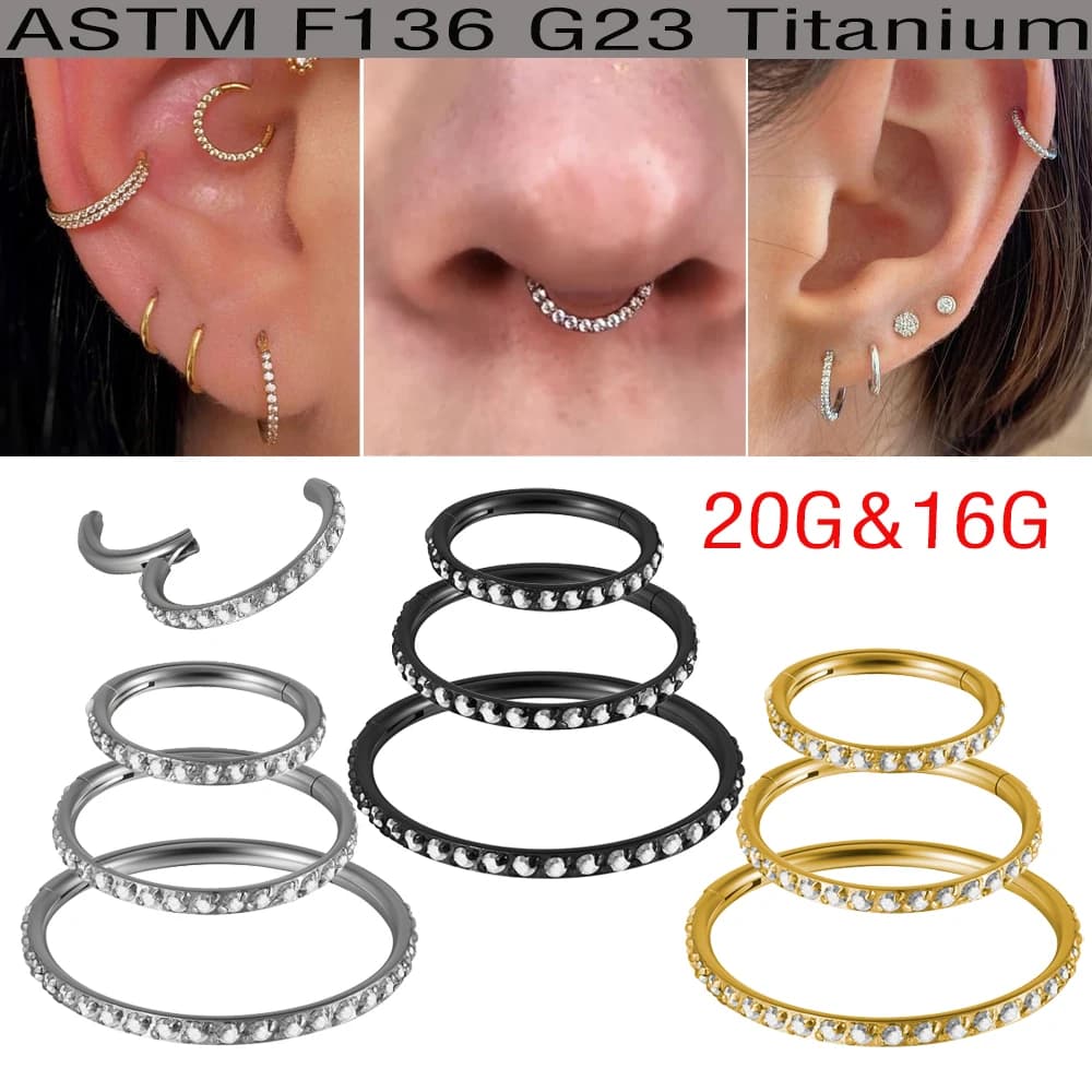 1/3PCS 20g/16g CZ Zirconia Pavimentato Incernierato Clicker Setto Solido G23 Titanio Hoop Helix Daith Orecchino, Cartilagine Labbro Naso Orecchio Studs