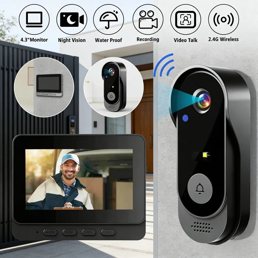 Campanello Video Wireless Intelligente KEPEAK Nero con Schermo da 4.3 Pollici, WiFi 2.4G, Impermeabile, Comunicazione Bidirezionale, Visione Notturna per Sistema di Sicurezza Domestica