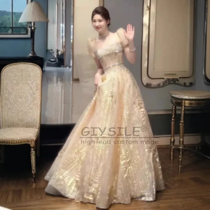 GIYSILE Abito da sera con colletto quadrato color champagne personalizzato 2025 Nuova gonna a trapezio di lusso con maniche a palloncino Abiti da festa sexy