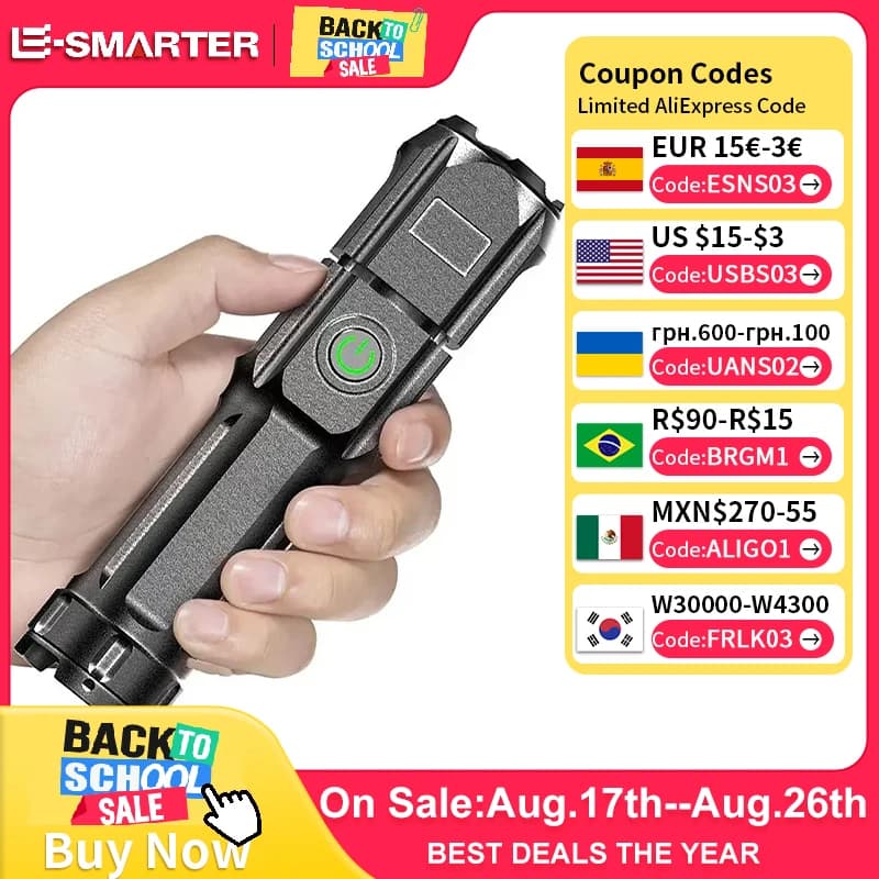 Potente torcia a LED ricaricabile USB impermeabile zoom pesca caccia campeggio 100,00 lumen torcia tattica torcia a LED
