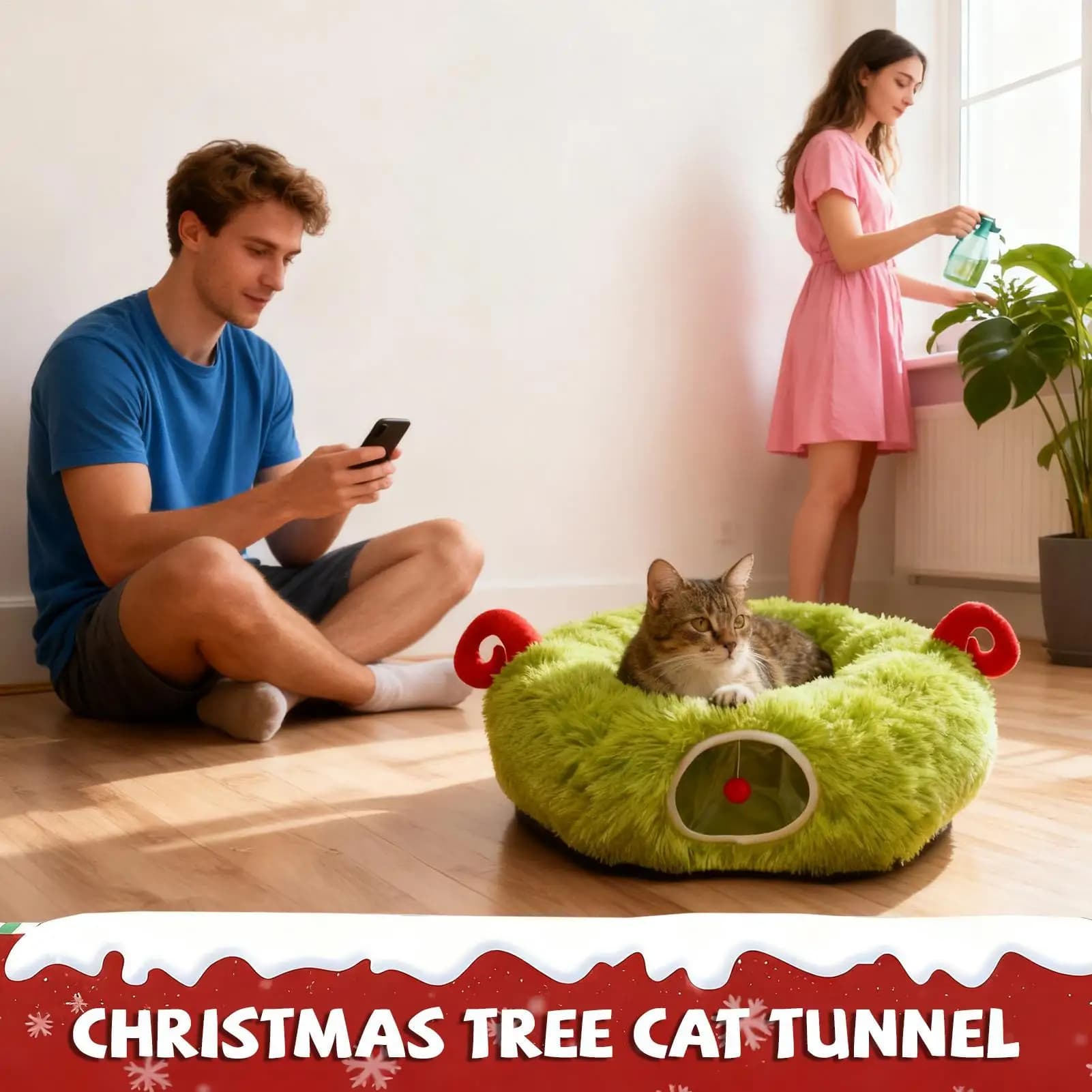 Tunnel per ciambelle per gatti con orecchie Letto per ciambelle per gatti da interno Tunnel da gioco Gonna per albero di Natale Letto caldo per gattino Cucciolo di cane Coniglietto