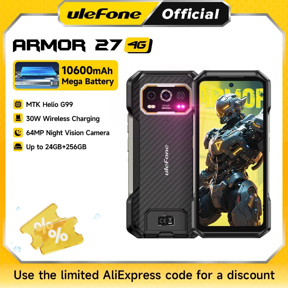 Ulefone Armor 27 4G Smartphone Rugged, 64MP Visione Notturna+50MP+50MP, 10600mAh, 24GB+256GB, Android 15, 6.78" 120Hz NFC, Versione Globale