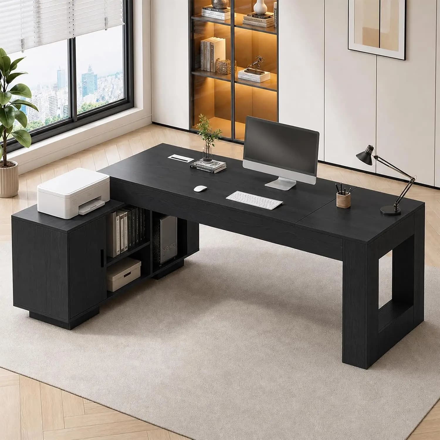 L Shaped Executive Desk with Storage, Large Computer Desk File & Cable Management, Modern Wood Office Desk , Customized
