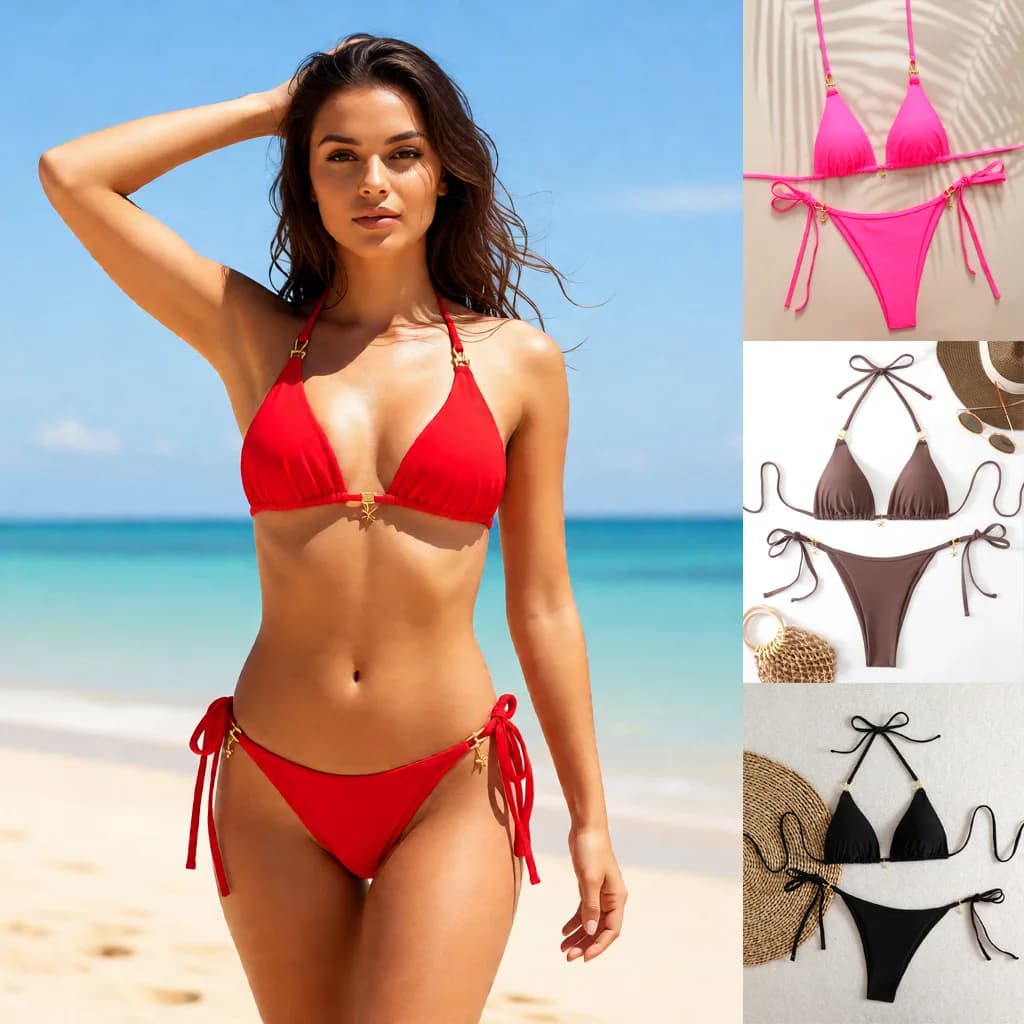 Bathing Suit Women Sexy Bikini Double-sided Lace-up Beach Swimsuit Neck Leak Back Bikinis Split Swimsuit Women