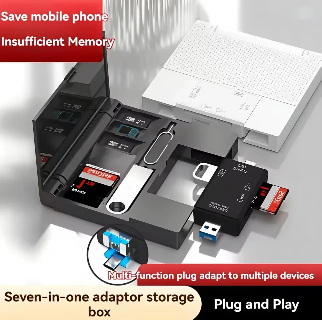Lettore di Schede Multifunzione 7-in-1 USB 2.0 con Scatola di Archiviazione per Schede TF SD e Adattatore Micro Type-C