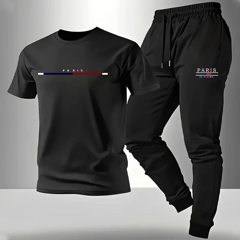 Men's suit T-shirts and sports pants with Paris print, summer short sleeves suit, for home and outdoor activities, comfortable casual outfit for men, sizes S-3XL