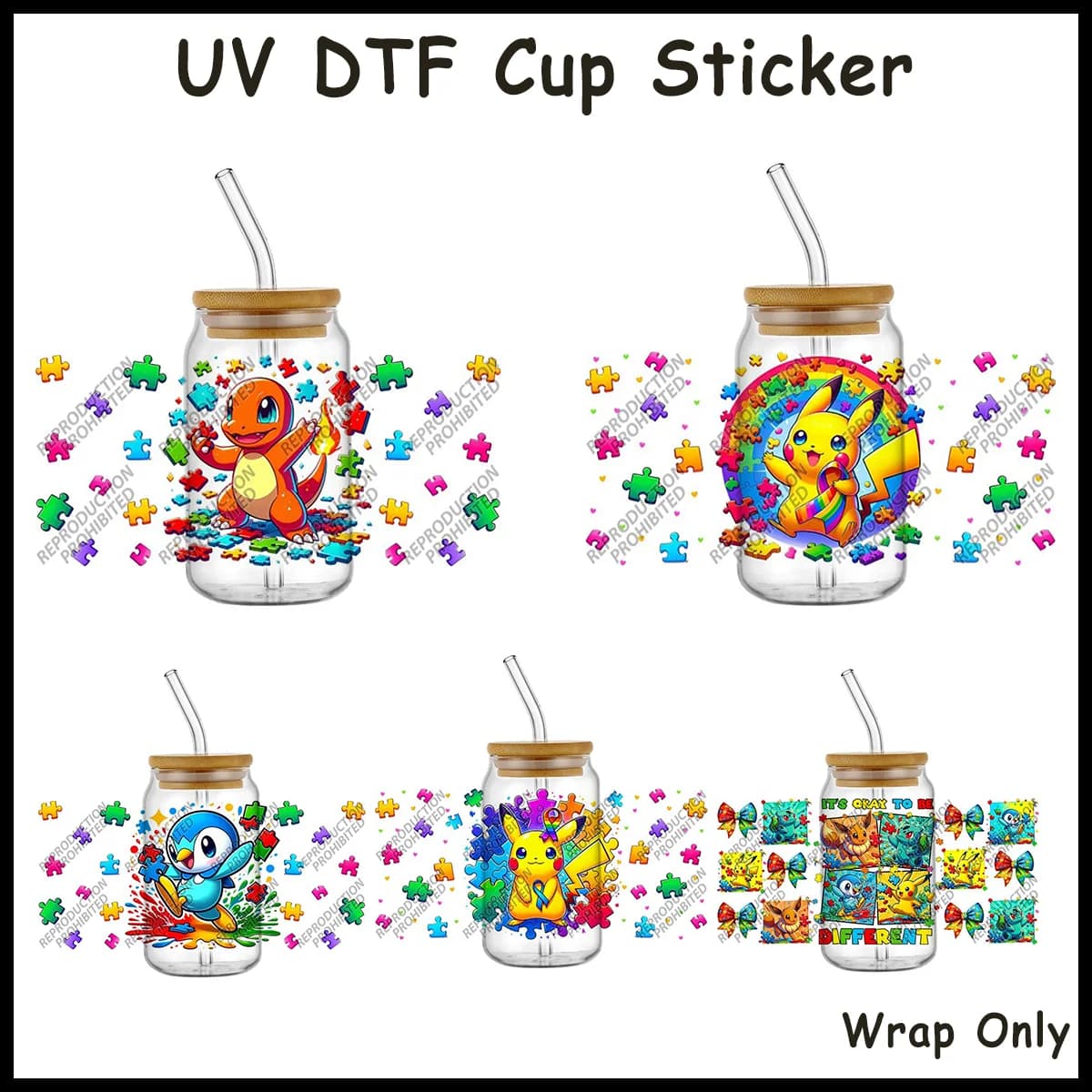 Cartoon Character Autism Puzzle Ribbon UV DTF Wrap Transfer Stickers for Tumbler Beer Can Lovely Cartoon Waterproof Cup Decal