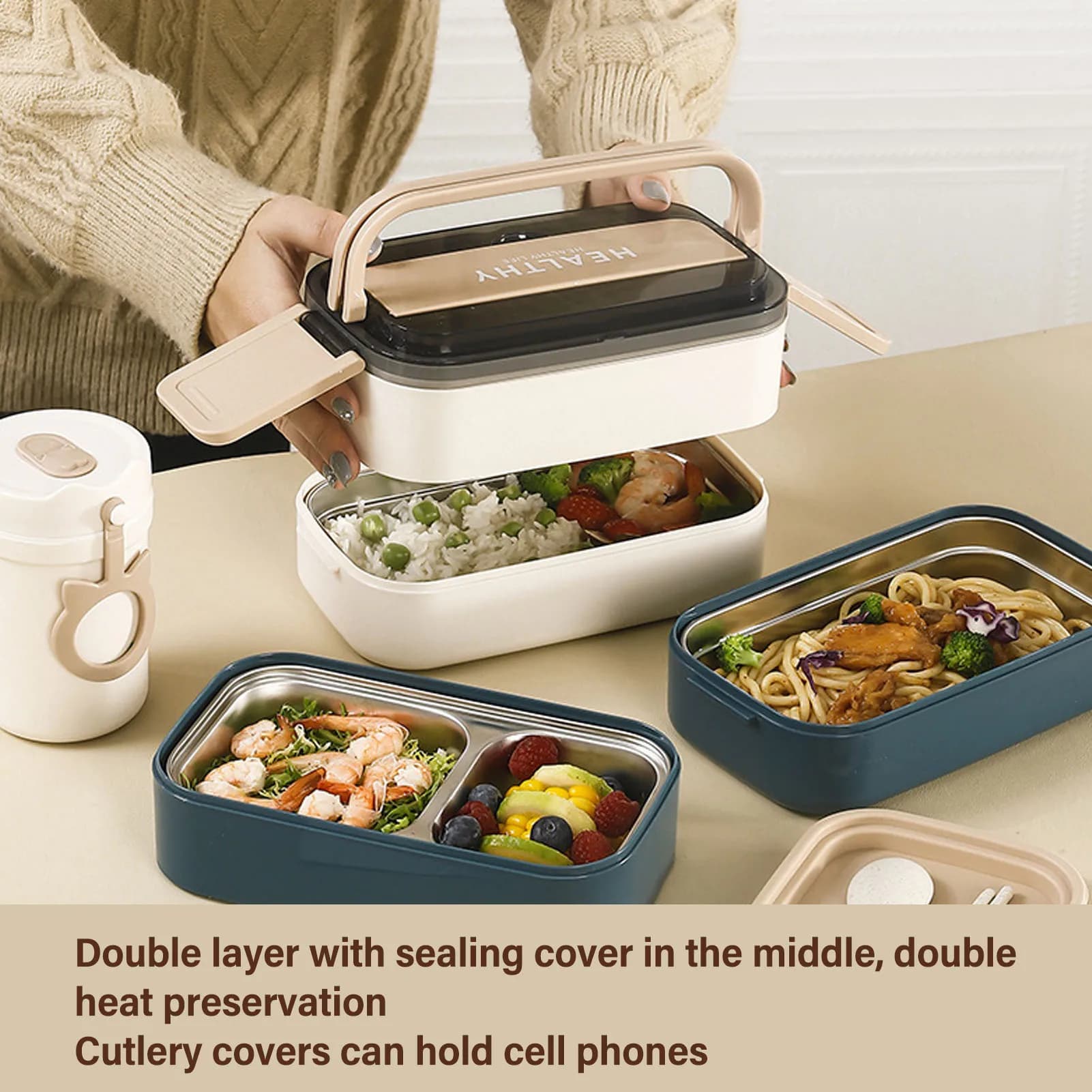 Contenitore per il pranzo in acciaio inossidabile 316 da 1400 ml, multiuso, a doppio strato, adatto al microonde, con posate, per lavoro e ufficio