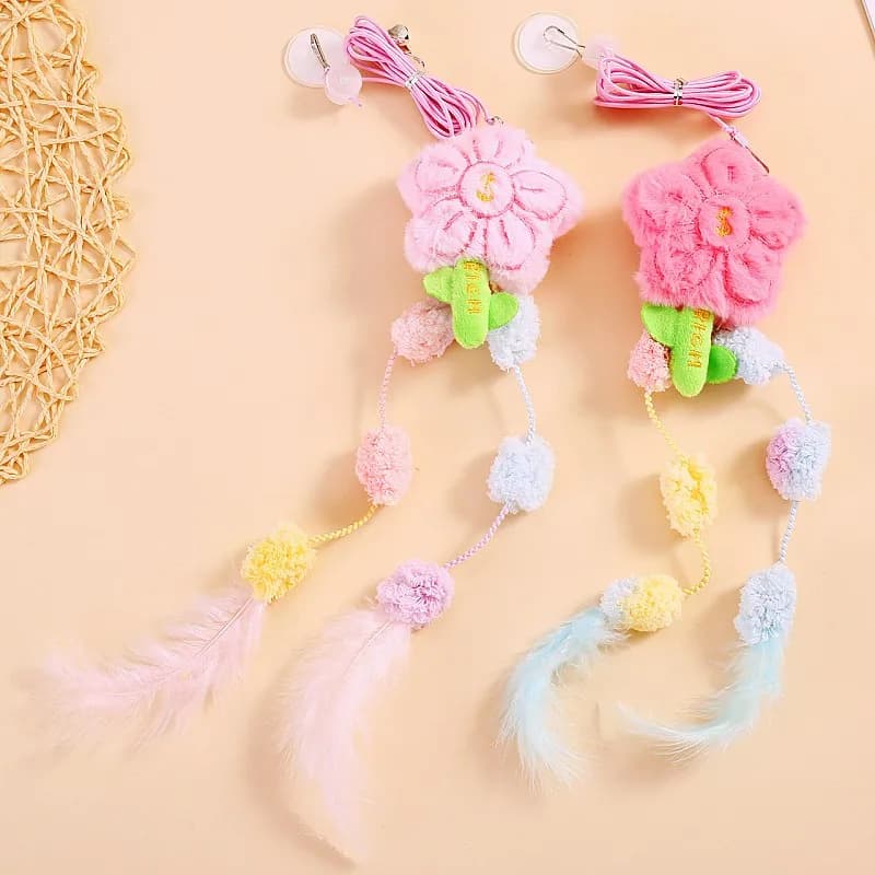 Cat Toy Elastic Rope Feather Tassel Cats Toys Stick Hangingable Interactive Cat Toy with Bell Plush Flower Toys for Cats Jumping