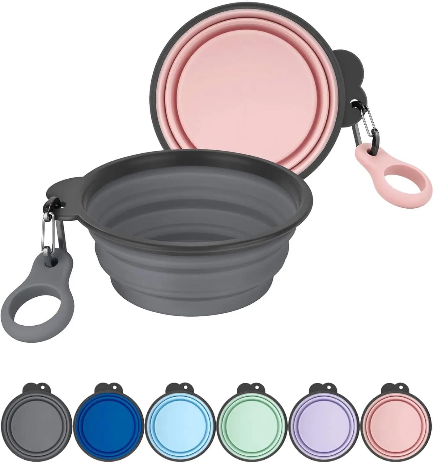 Set di 2 Ciotole Pieghevoli per Cani con Portabottiglie, Ciotole da Viaggio da 15oz, in Silicone Pieghevole per Passeggiate ed Escursioni, Moschettone Migliorato e Bordo Monopezzo