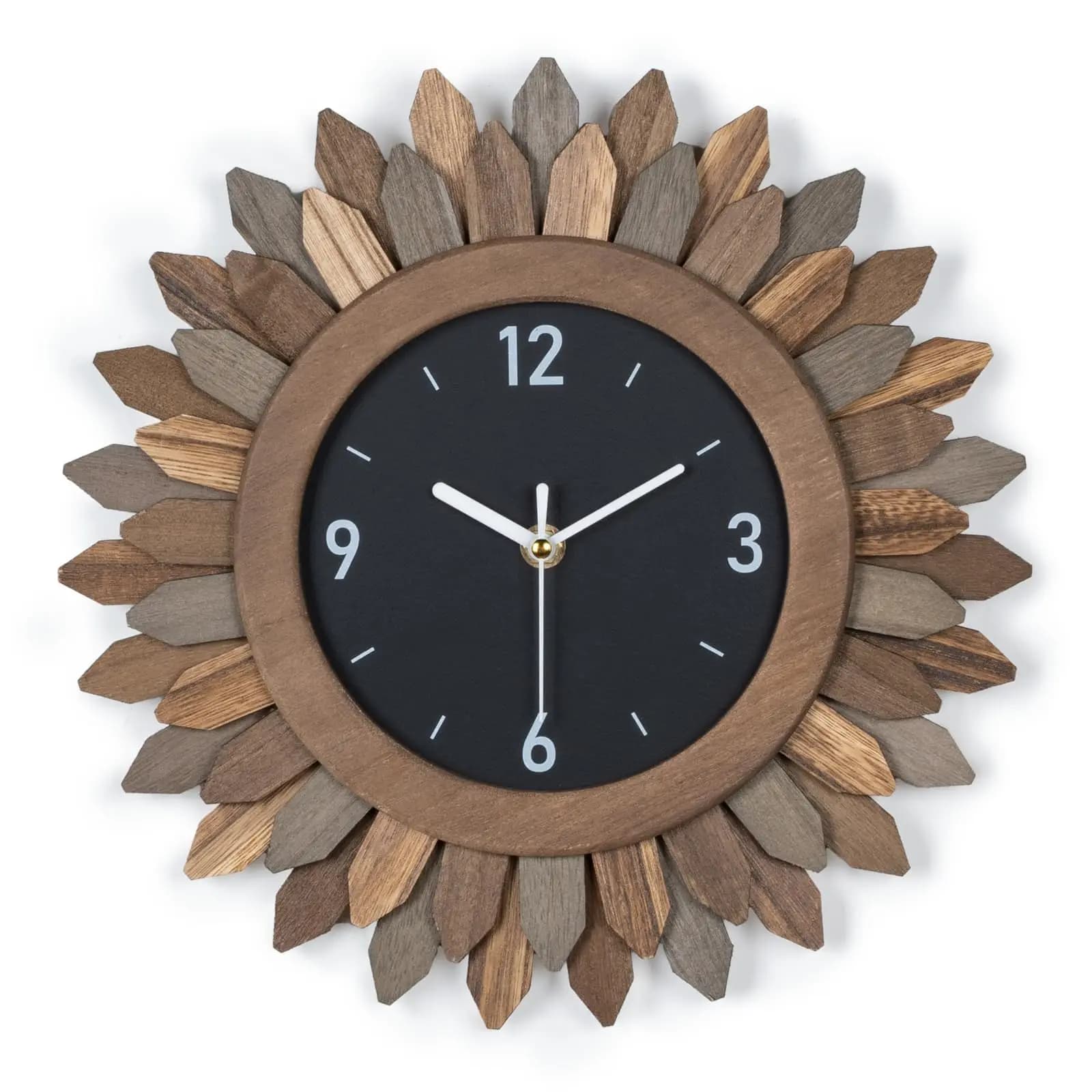Orologio da Parete in Legno Stile Boho con Quadrante Nero a Forma di Sole