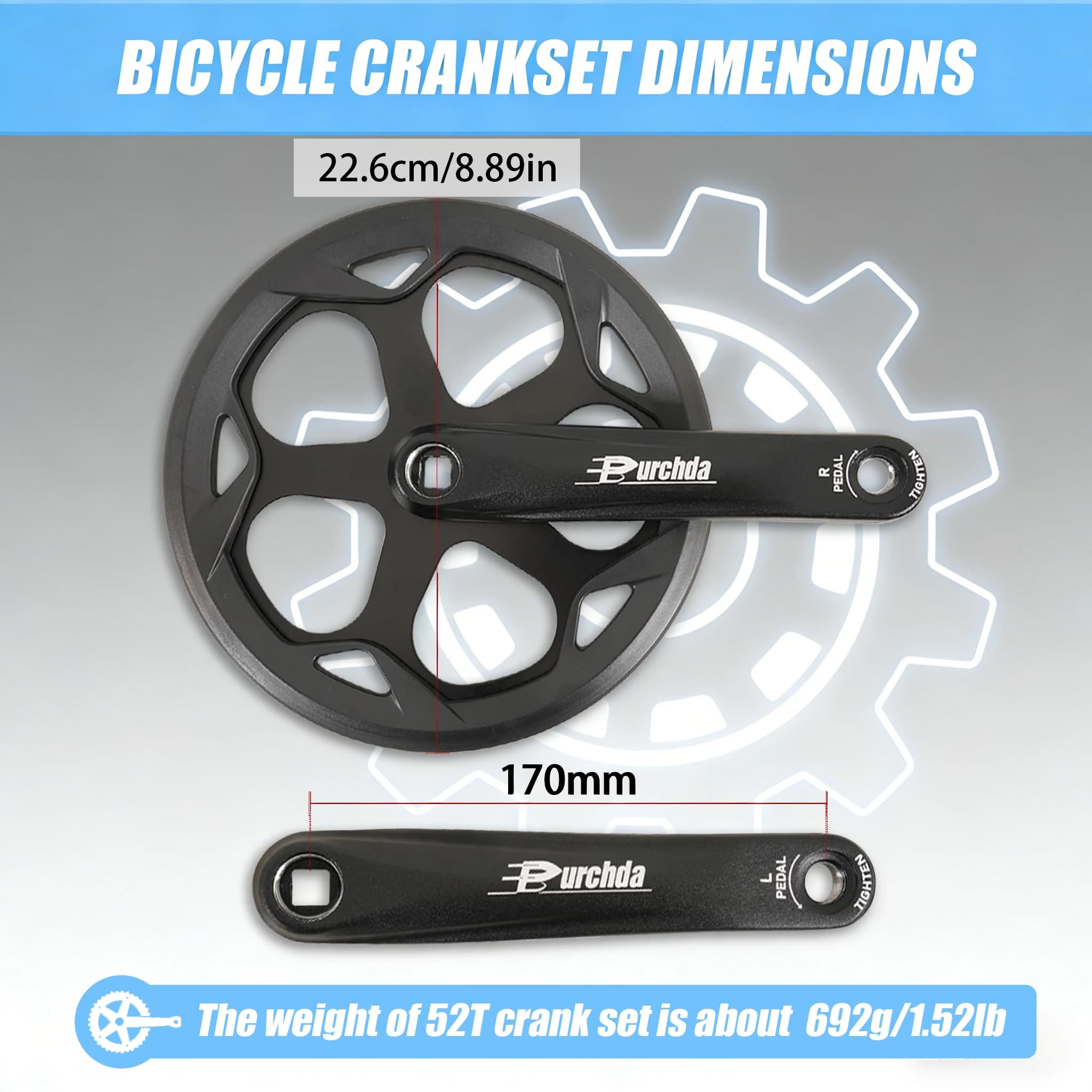Guarnitura in lega lavorata a CNC 52T 170mm, set doppio corone per bici da corsa e MTB, bracci del pedivella a sezione quadrata migliorati