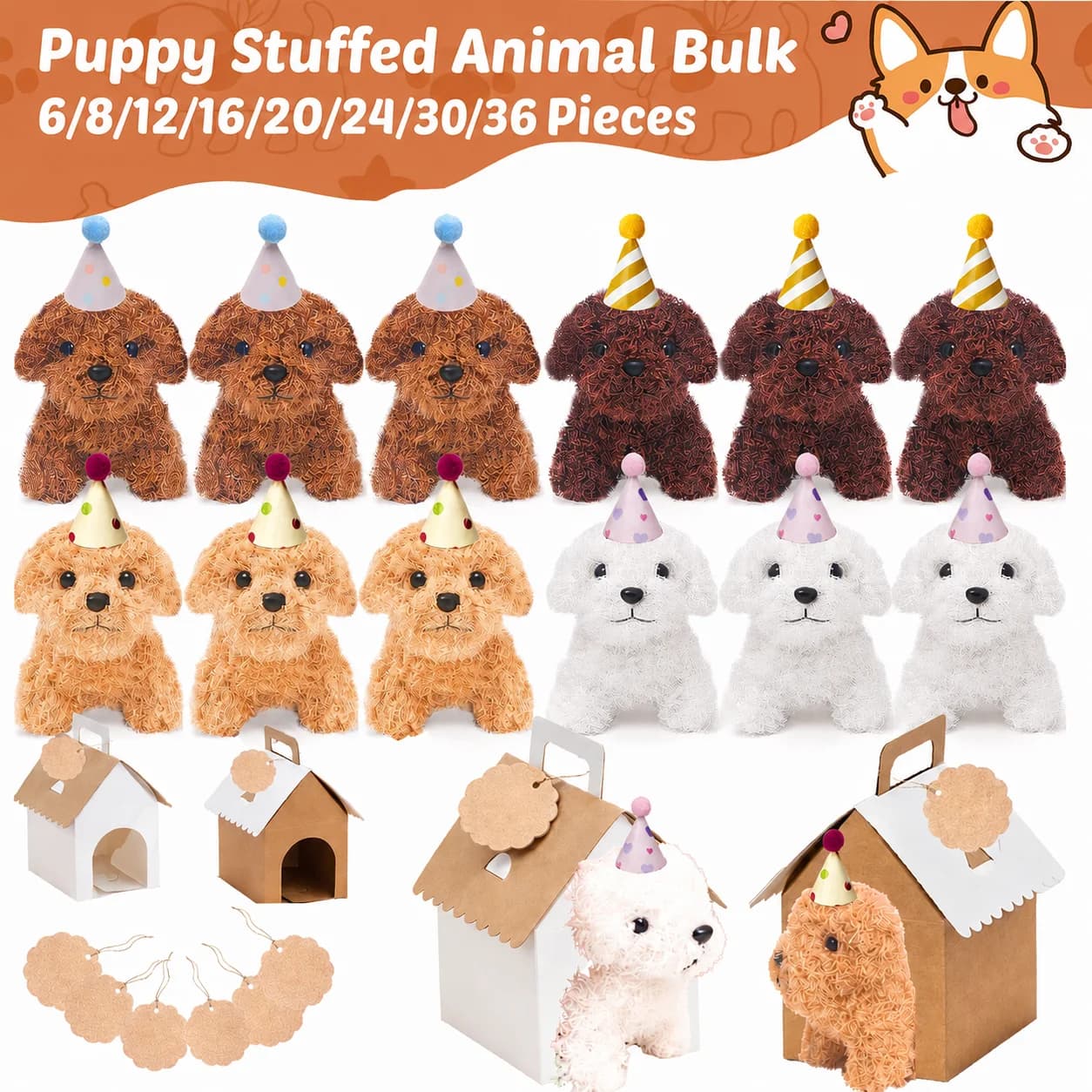 6-36 Pcs 4.7Inch Puppy Stuffed Animals Bulk with Hat Card Paper Boxes Adopt A Puppy Party Favors Kids Stuffed Dogs Birthday Gift