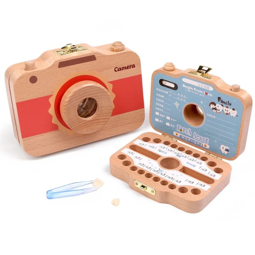 Scatola in Legno per Denti da Latte, Contenitore a Forma di Macchina Fotografica per Conservare i Denti dei Bambini, Regalo per Bambini