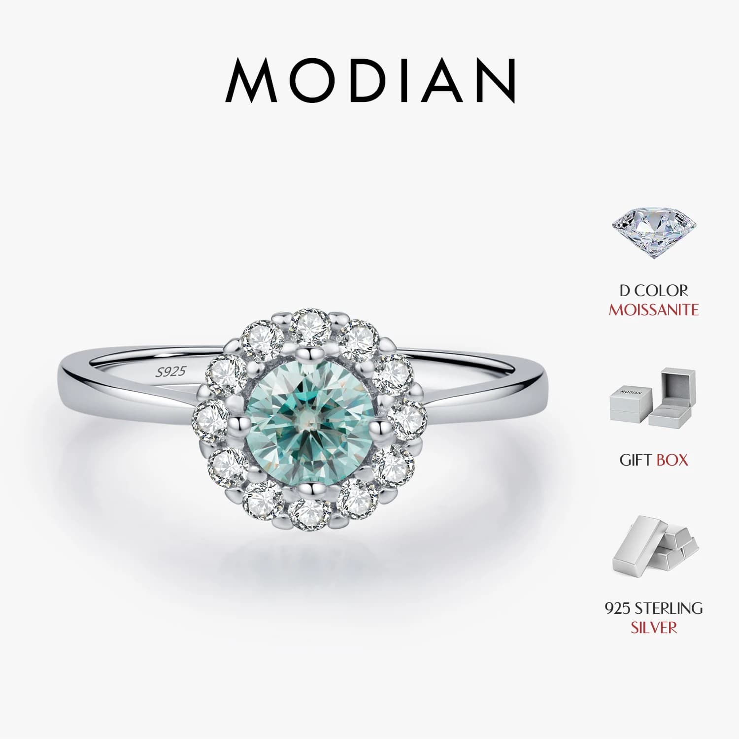 MODIAN D Colore Verde Teal Moissanite Halo Anello in argento sterling 925 Alla moda Elegante Anelli di barretta per le donne Gioielleria raffinata da sposa