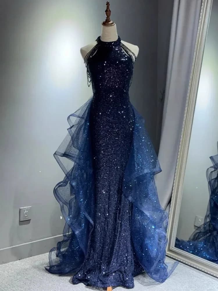 Abiti da sera eleganti blu navy scintillanti Halt Abito da festa con perline Abito da ballo personalizzato 2025 Abiti a strati de Sweep Train