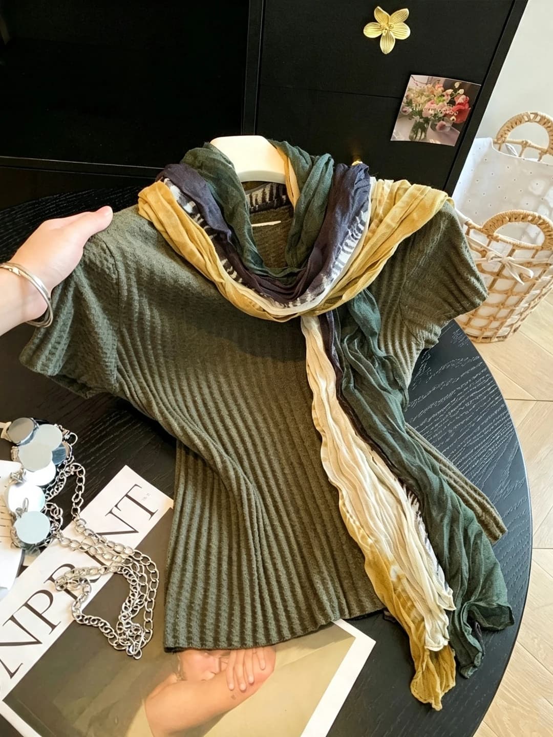 Chic Korean Style Women's Short Sleeve Knitted T-Shirt Half High Collar Silk Scarf Atmosphere Early Autumn Fashion Small Top