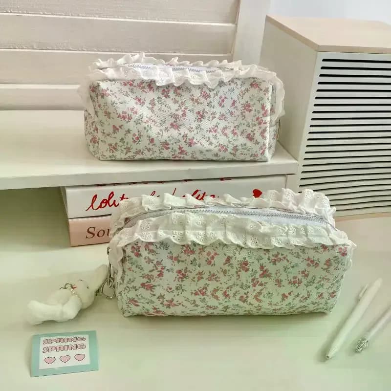 High Quality Lace Floral Pattern Pen Bag Zipper Design Large Capacity Pencil Case Stationery Organizer School Office