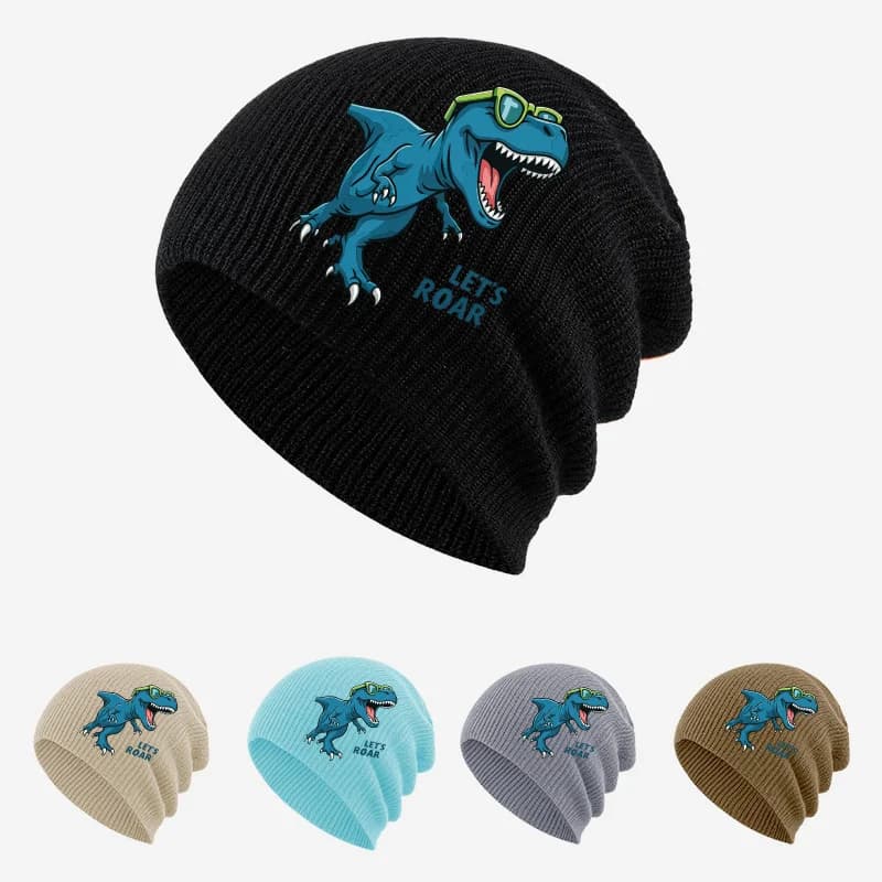 Fun Eye‑Catching Toddler 1‑3Y Slouchy Knit Beanie Cool T‑Rex Dinosaur Graphic Print Soft Comfortable For Zoo Visit Boys Casual H