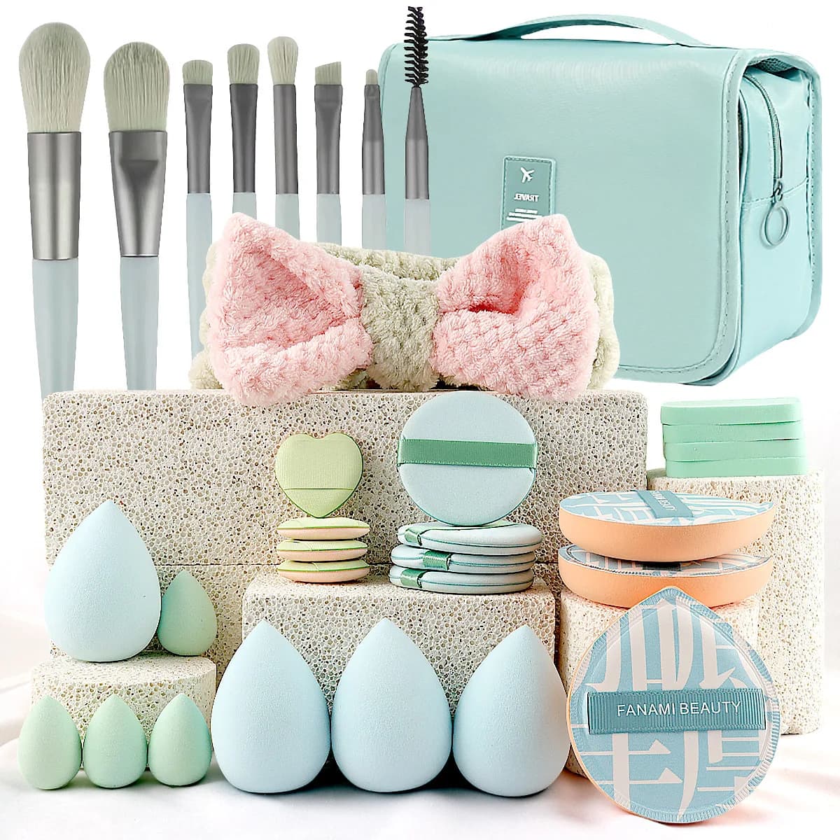 Mint Green 33 Pcs Makeup Brush Set Aesthetic Summer Beauty Tools with Bow Headband Sponges Travel Cosmetic Bag Blender Kit