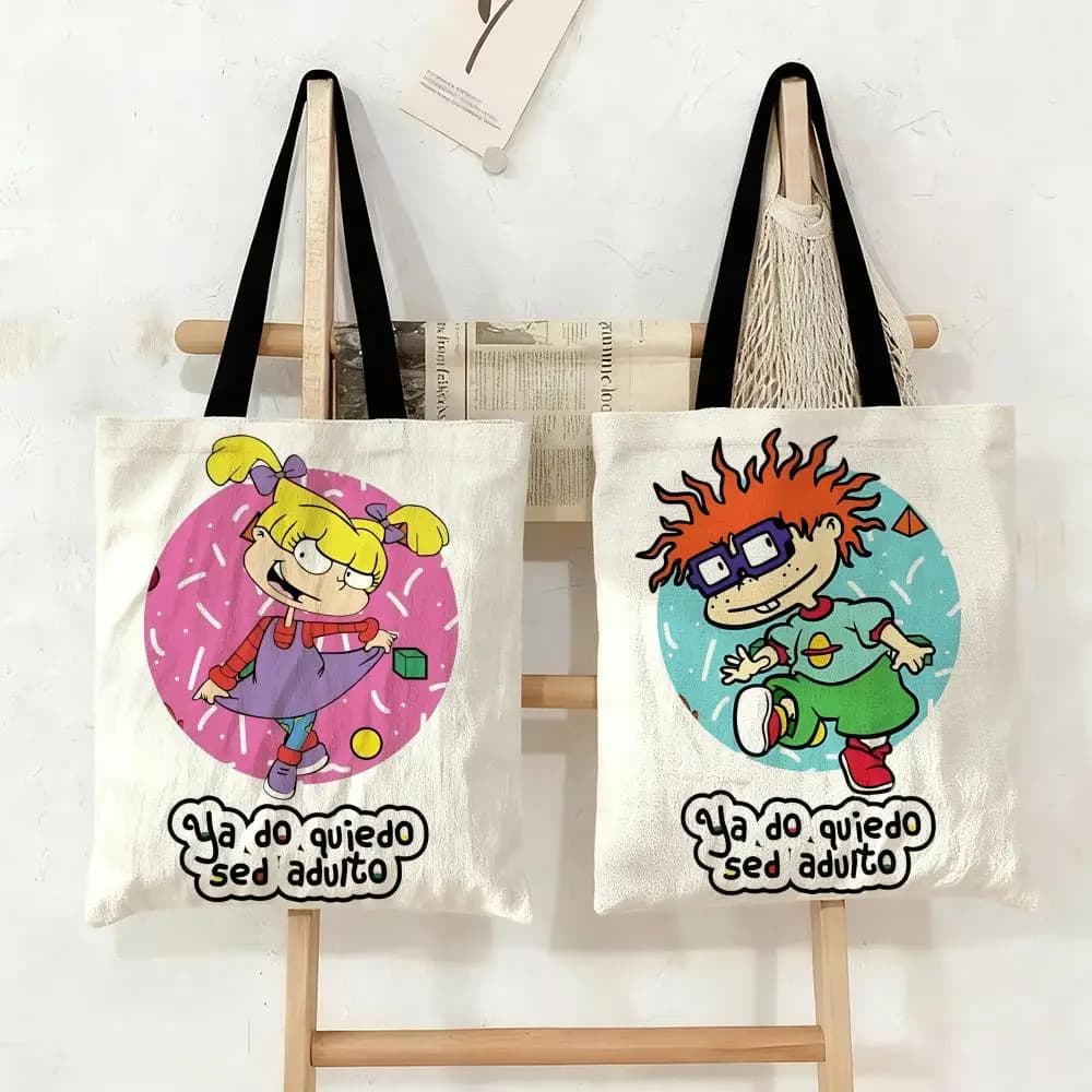 Cartoon R-Rugrats Storage Bags Double-Sided Print Canvas Tote Bag Fashion Large Capacity Women's Shoulder Handbag