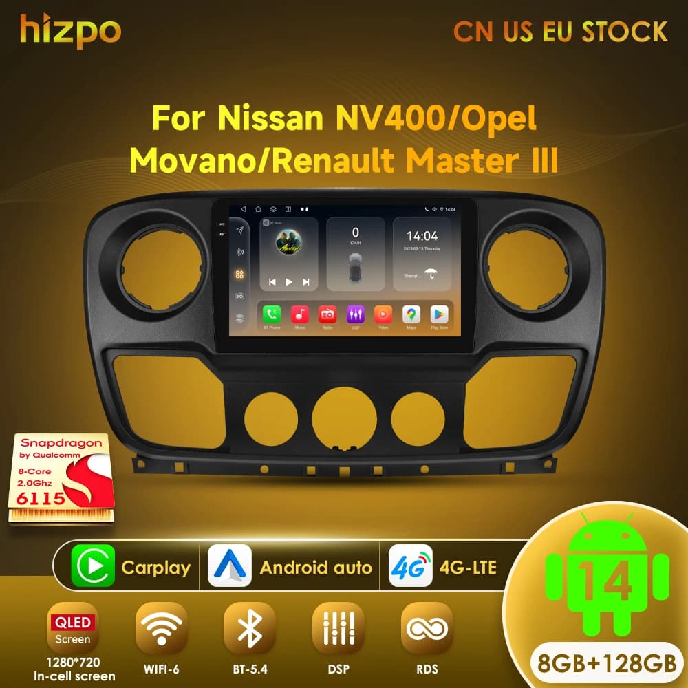 Hizpo Android 14 Carplay Autoradio Per Nissan NV400 Opel Movano Renault Master lll 3 2010 - 2021 Ricevitore Stereo GPS 2din Navi