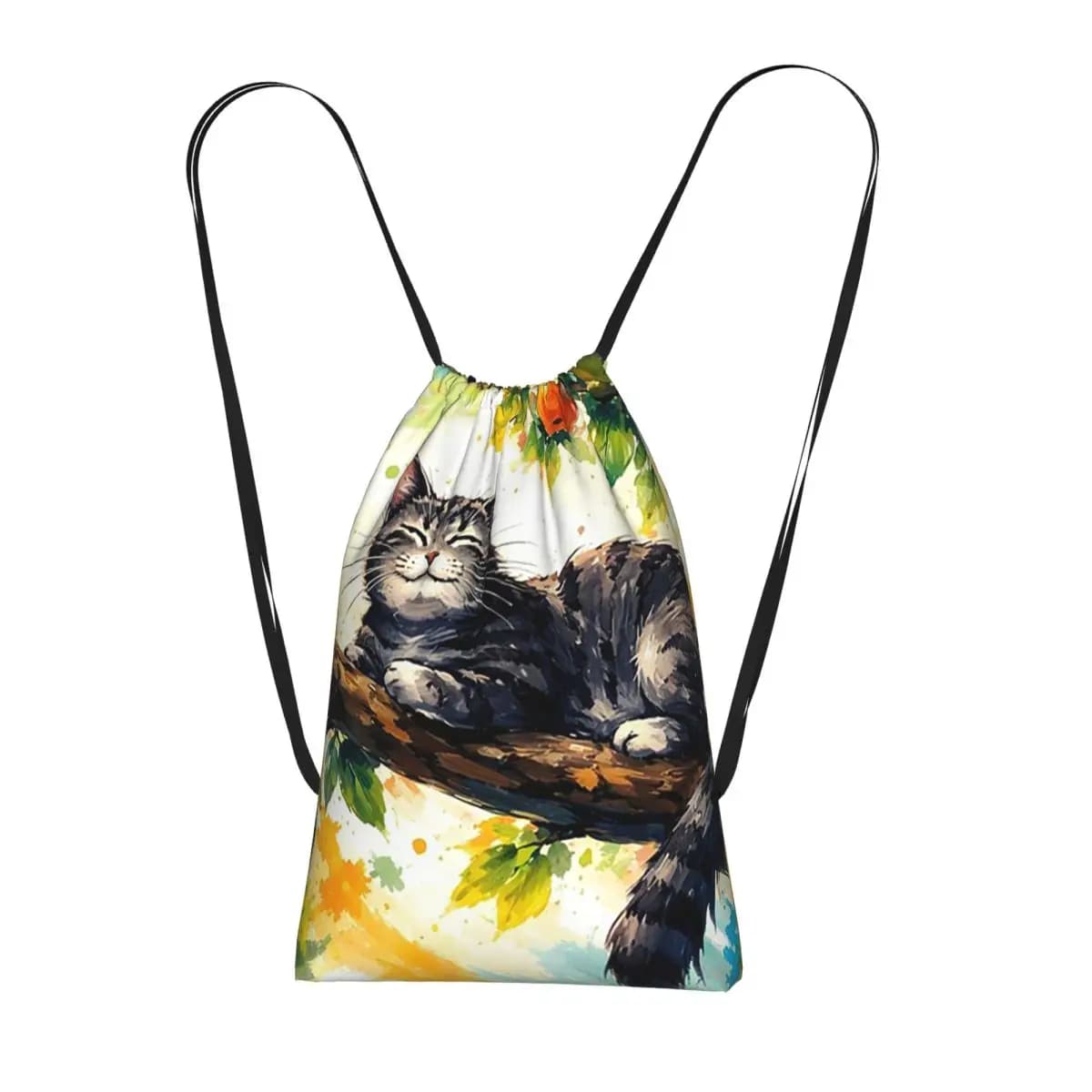 Backpacks with cat print sleeping on a tree branch, multifunctional bags with drawstring, sports bags, books bags for men, woman, students