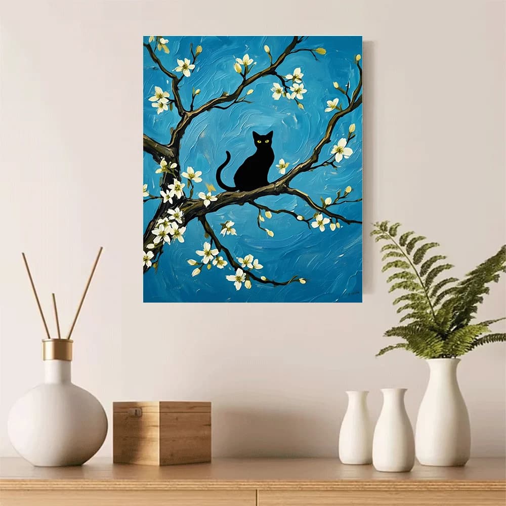 1 pezzo - Poster su tela senza cornice, decorazione da parete, gatto nero su albero in fiore, stampa artistica su cielo blu