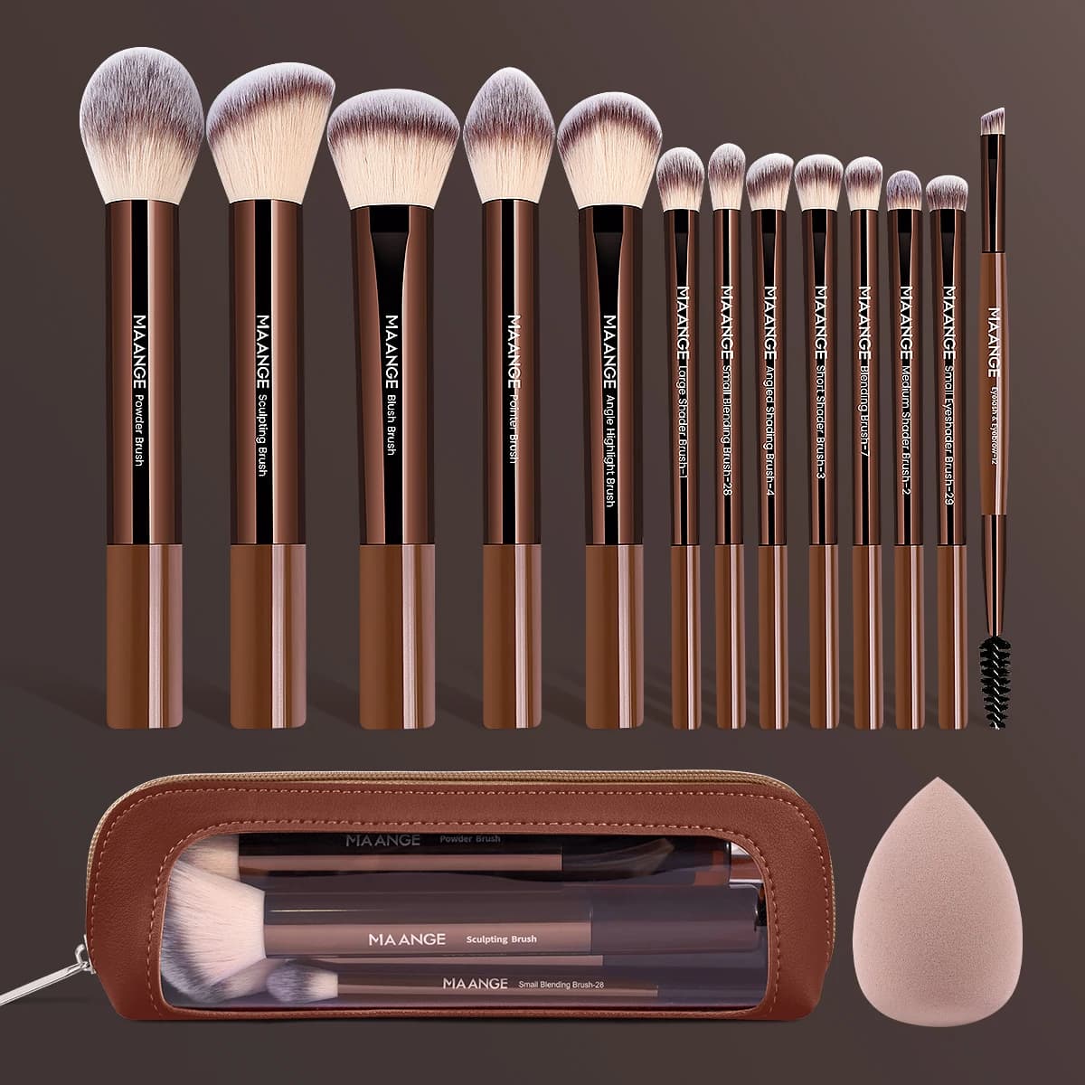 MAANGE 13pcs Makeup Brushes with 1pc Makeup Sponge Puff and Makeup Bag Multi-functional Makeup Tools Foundation Brushes Powder