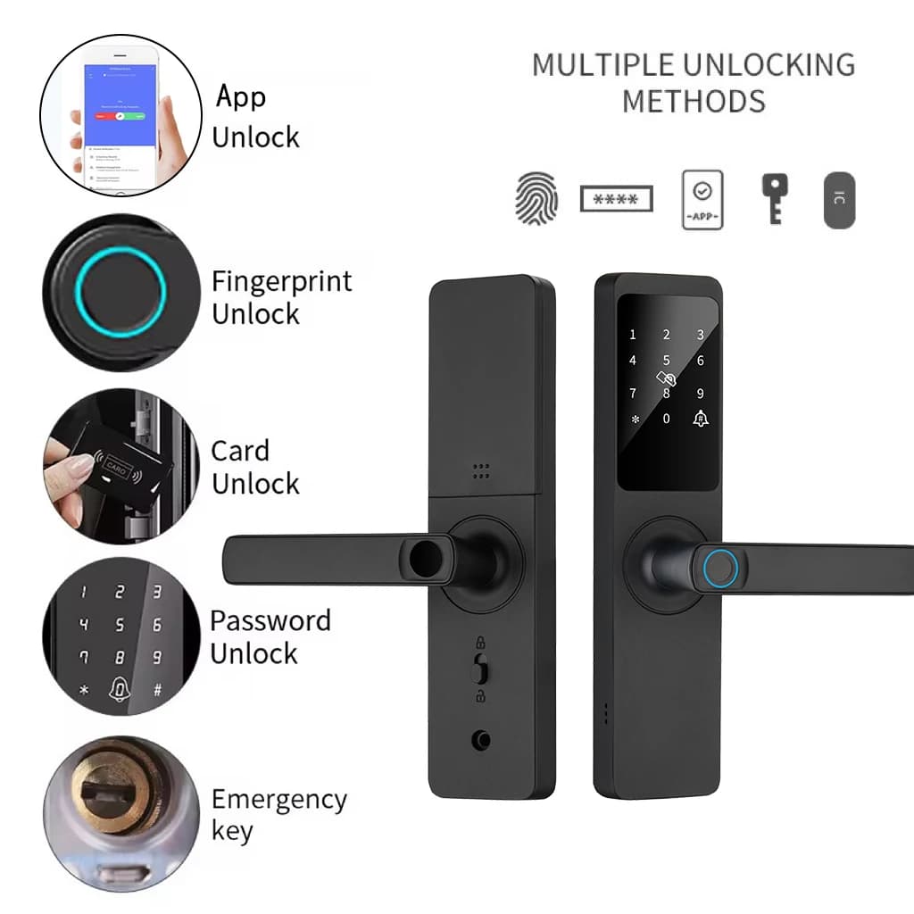 Tuya Smart Door Lock Password interna Impronta digitale Sblocco remoto Keycard Allarme antimanomissione Alimentato a batteria