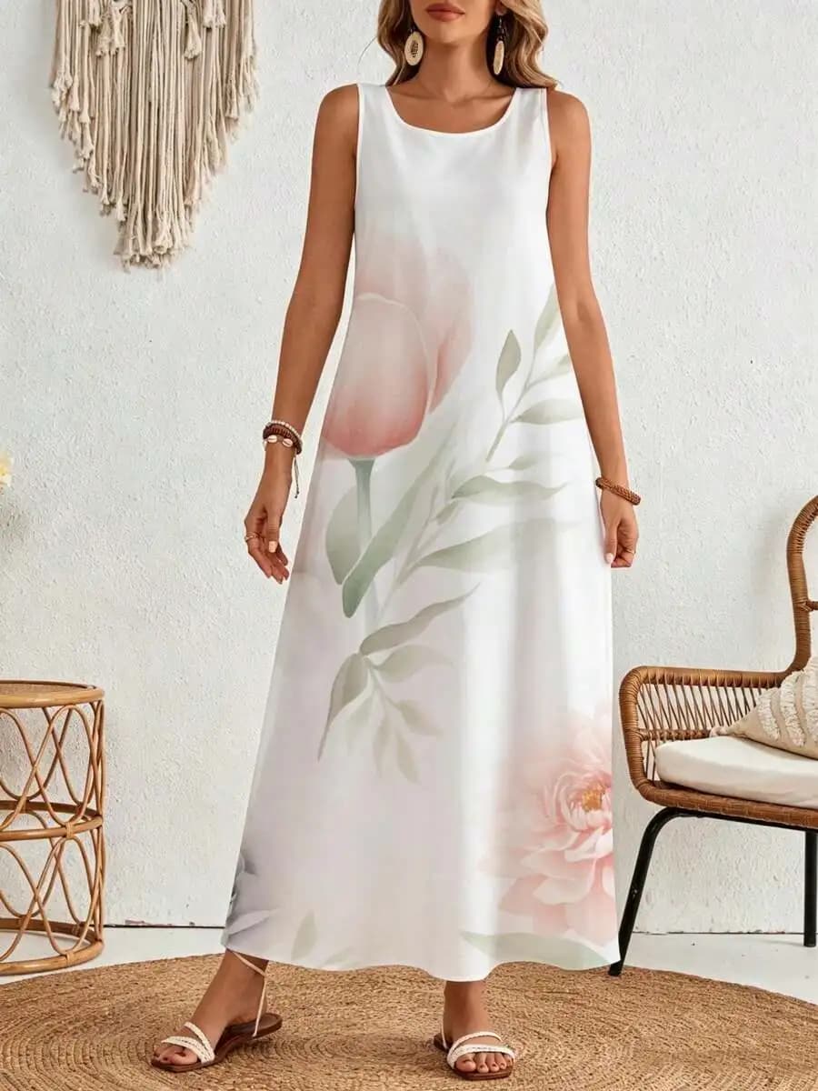 Abito Lungo Senza Maniche Bianco con Stampa Floreale, Vestito Estivo Casual per Vacanze in Spiaggia