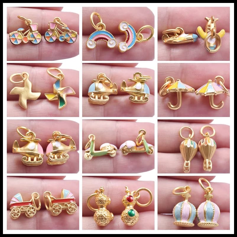 5pcs/Lot Kawaii Vehicle Aircraft Stroller Enamel Charms For Jewelry Making Supplies Rainbow Umbrella Pendant Handmade Bracelets