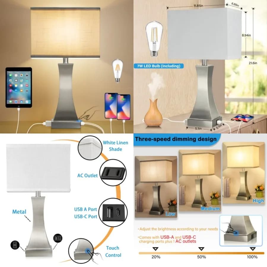 Lampada da Tavolo per Camera da Letto, Dimmerabile a 3 Livelli con Controllo Touch, Lampada da Comodino con Porta USB A+C e Presa, Altezza 21.6 Pollici
