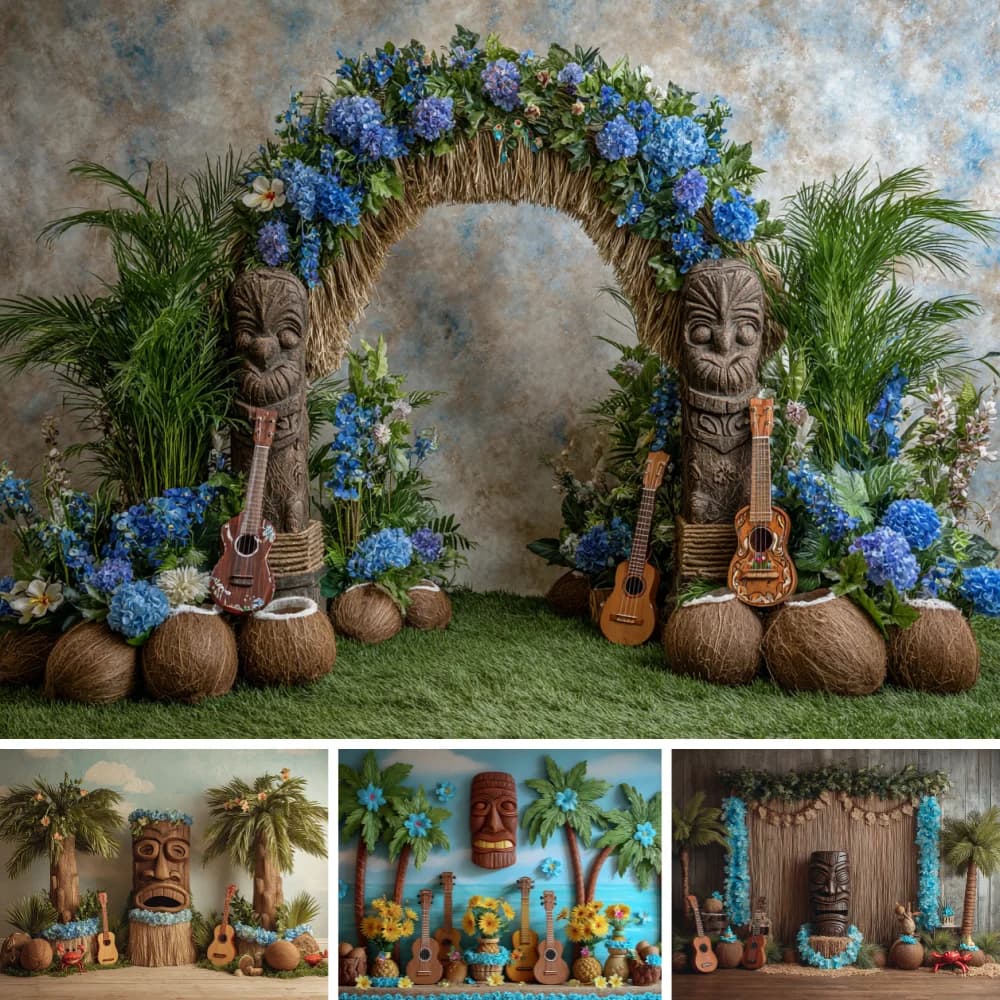 Summer Hawaiian Background Photography Ukulele Palm Tree Coconut Tropical Beach Backdrop Aloha Baby Show Birthday Photo Studio