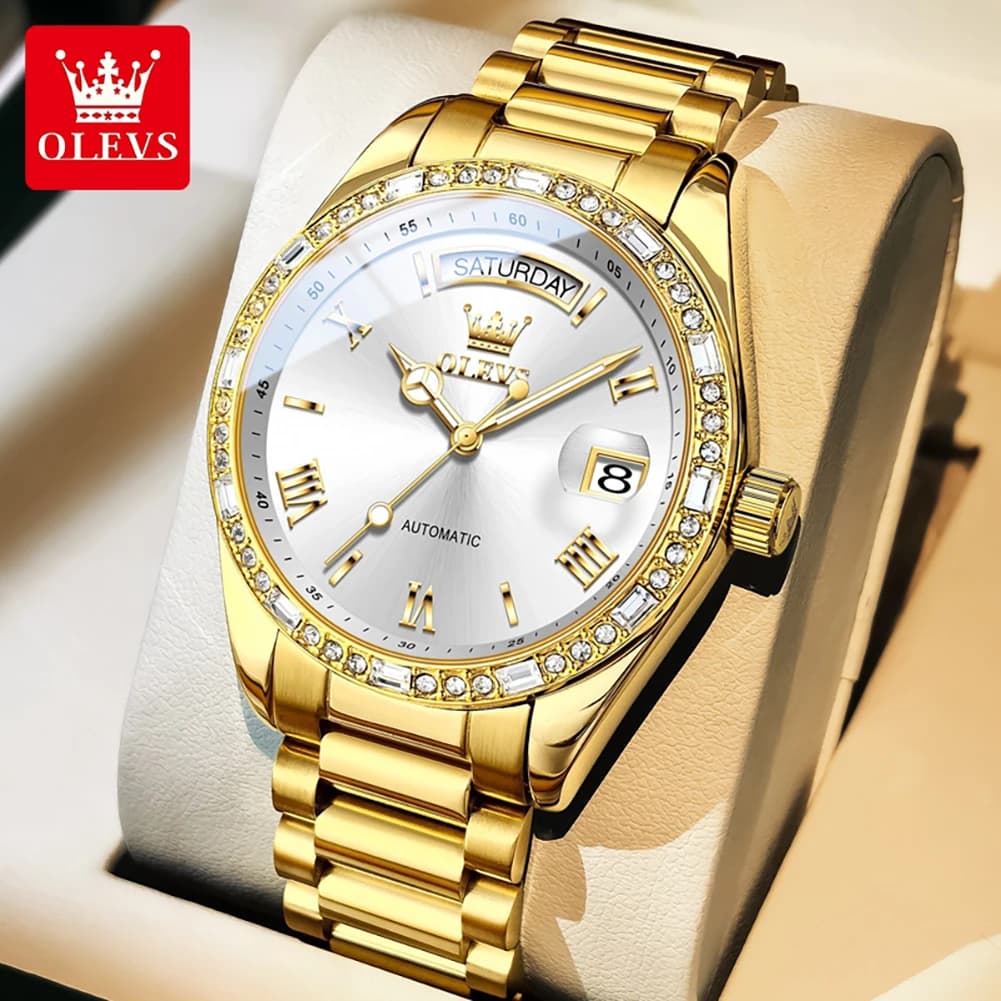 Men's luxury OLEVS 6747 wristwatch, fully automatic, mechanical, waterproof, with date display, with set diamonds, fashionable.
