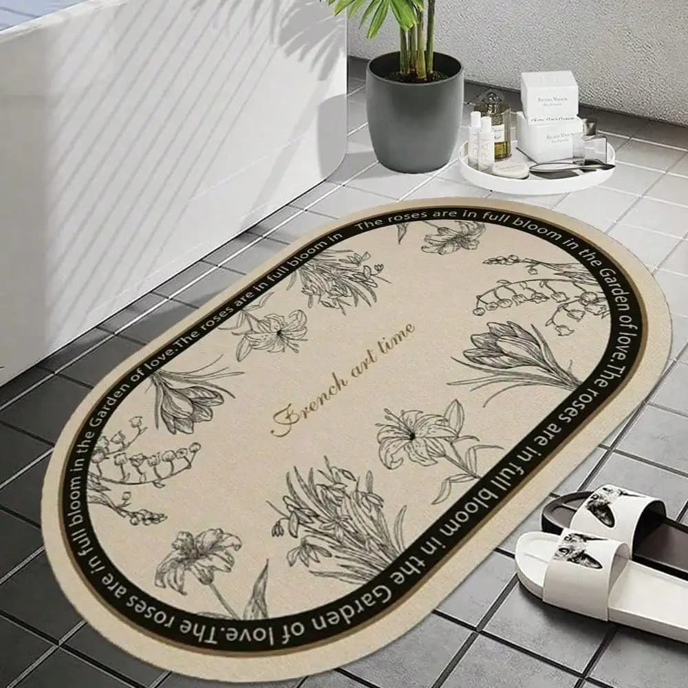 Tappetino da Bagno Ovale in Diatomite con Motivi Floreali, Super Assorbente e ad Asciugatura Rapida, Tappeto per Bagno e Ingresso, Decorazione per la Casa