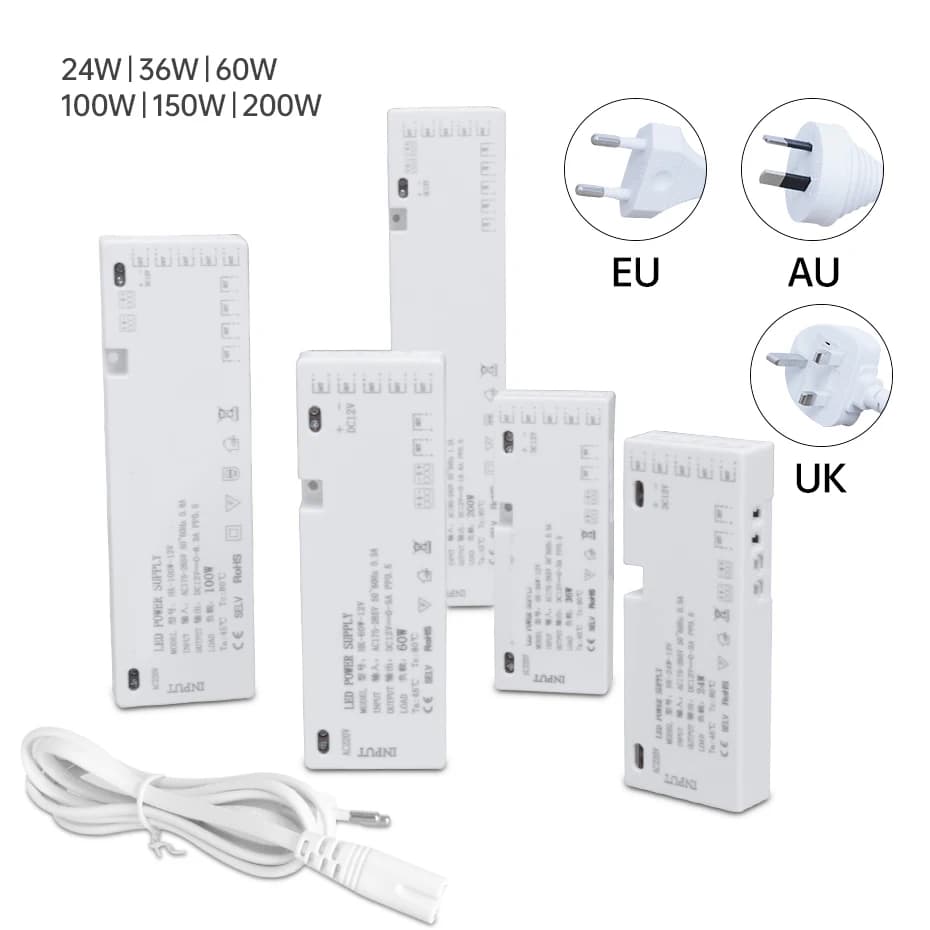 Alimentatore trasformatore per striscia luminosa per armadio LED 24W-200W AC220V a DC12V/24V Spina EU/AU/UK con interfacce DuPont 7/9/10x