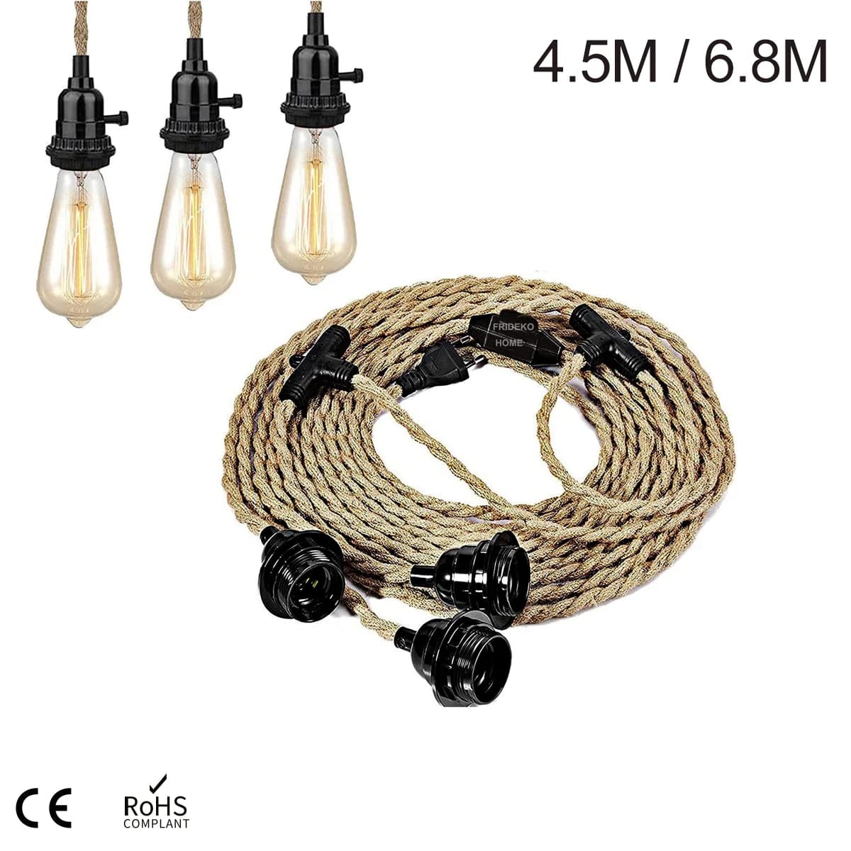 6.8M Vintage Corda di canapa Lampada a sospensione a LED Retro E27 Spina industriale UE Supporto Droplight Sala da pranzo Cafe Cucina Decorazioni per la casa Lampade